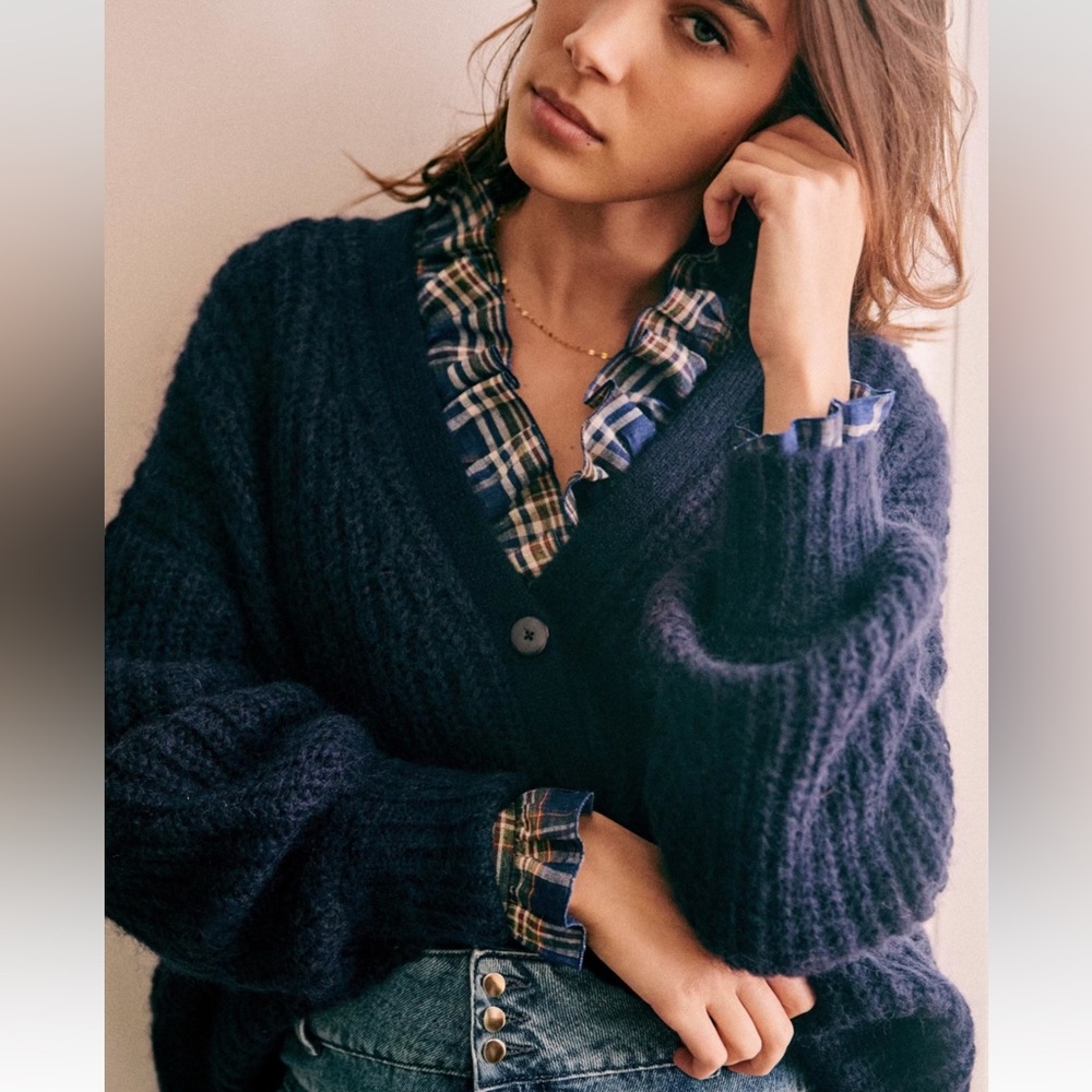 Sezane Navy Single-Button V-Neck Wool-Blend Cardigan